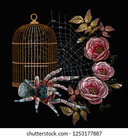 Embroidery spider, gold cage and wild roses. Classical gothic medieval halloween background. Horror art clothes template and t-shirt design 