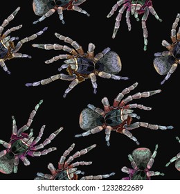 Embroidery spider seamless pattern. Halloween background. Horror art clothes template and t-shirt design. Classical dark gothic embroidery, tarantula 