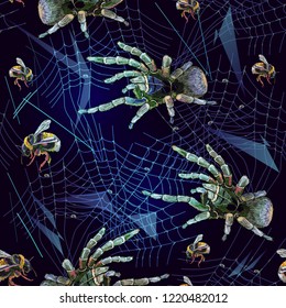 Embroidery spider and web seamless pattern. Halloween background. Horror art clothes template and t-shirt design. Classical dark gothic embroidery, tarantula catches a bumblebee 