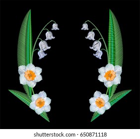 Embroidery spring flowers with daffodils and lilies of the valley symmetrical.