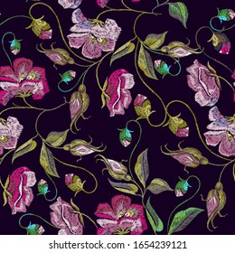 Embroidery spring flowers seamless pattern. Template for clothes, textiles, t-shirt design. Summer floral art