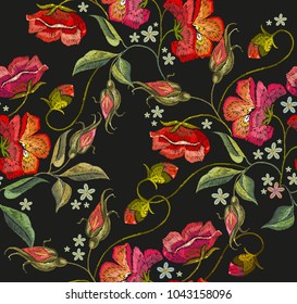 Embroidery spring poppies flowers seamless pattern. Beautiful red poppies classical embroidery seamless pattern. Template for clothes, textiles, t-shirt design