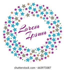 Embroidery stars arranged in wreath with text inside. Trendy vintage handmade styled frame. Beautiful original design for cards, advertisment, banner, cloth, t-shirt, background, wedding, newborn.