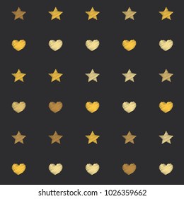 embroidery stars and hearts seamless pattern. Yellow shade stars and love symbols with machine embroidered texture vector background, stitch effect Illustration gold sparkles. Cosmic graphic design.