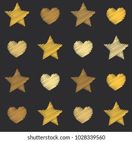 embroidery stars and hearts seamless pattern. Yellow shade stars and love symbols with machine embroidered texture vector background, stitch effect Illustration gold sparkles. Cosmic graphic design.