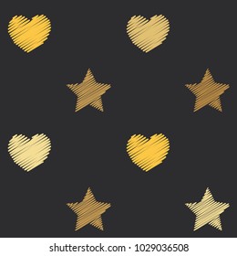 embroidery stars and hearts seamless pattern. Yellow shade stars and love symbols with machine embroidered texture vector background, stitch effect Illustration gold sparkles. Cosmic graphic design.