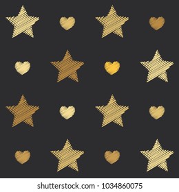 embroidery stars and hearts seamless pattern. Yellow shade stars and love symbols with machine embroidered texture vector background, stitch effect Illustration gold sparkles. Cosmic graphic design.