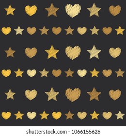 embroidery stars and hearts seamless pattern. Yellow shade stars and love symbols with machine embroidered texture vector background, stitch effect Illustration gold sparkles. Cosmic graphic design.