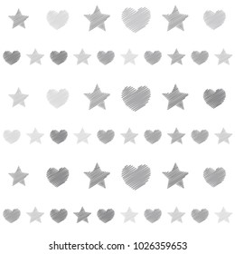 embroidery stars and hearts seamless vector pattern. Light grey shade stars and love symbols with machine embroidered texture on background, stitch effect hearts and sparkles abstract graphic design.