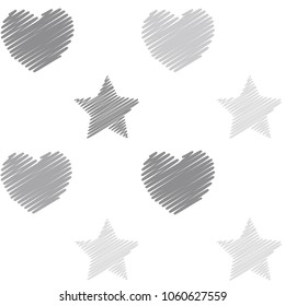 embroidery stars and hearts seamless vector pattern. Light grey shade stars and love symbols with machine embroidered texture on background, stitch effect hearts and sparkles abstract graphic design.
