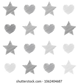 Embroidery Stars And Hearts Seamless Vector Pattern. Light Grey Shade Stars And Love Symbols With Machine Embroidered Texture On Background, Stitch Effect Hearts And Sparkles Abstract Graphic Design.