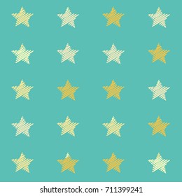 embroidery stars seamless pattern sketch drawing stars repeating background illustration, embroidered 5 pointed stars sparkles. Cosmic gold and yellow stars on blue 