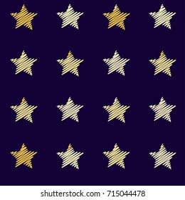 embroidery stars seamless pattern sketch drawing stars repeating background illustration, embroidered 5 pointed stars sparkles. Cosmic gold and yellow stars on blue 