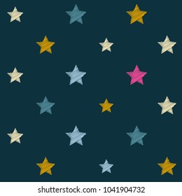 embroidery stars seamless vector pattern. stars with machine embroidered texture background, stitch effect Illustration sparkles abstract graphic design. 