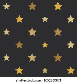 embroidery stars seamless vector pattern. Yellow shade stars with machine embroidered texture on grey background, stitch effect Illustration gold sparkles. Cosmic abstract graphic design. 