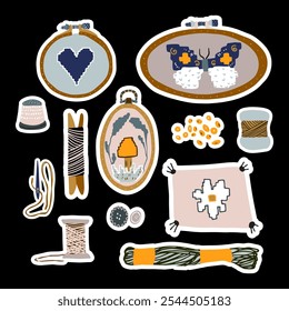 Embroidery stickers, including hoop, thread, textile, bobbin, thimble and button. Cute needlework hand drawn clip art on black background. Workshop decoration, hobby banner design, flyers and card. 