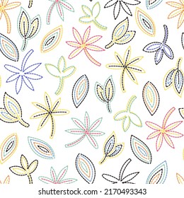 Embroidery stilization fashion print. Colorful hobby hand made DIY vector illustration. Cartoon stitched floral seamless pattern