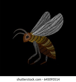 Embroidery stitch with bee insect. Fashion patch for textile design. Vector embroidered ornament on black background, ethnic pattern.