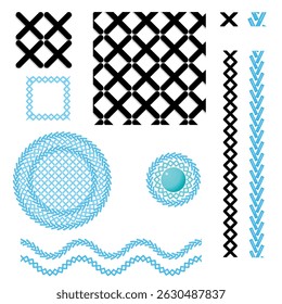 Elementos de ponto de bordado - Pincéis e bordas de vetor para moda ilustração técnica Vetor conjunto de elementos de ponto de bordado-estilo para ilustrações de moda digital 