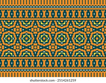 Embroidery stitch geometric pattern. Ethnic geometric shape seamless pattern colorful pixel art style. Ethnic stitch pattern use for carpet, rug, cushion, quilt, wallpaper, upholstery, etc.