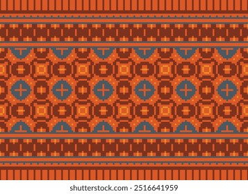 Embroidery stitch geometric pattern. Ethnic geometric shape seamless pattern colorful pixel art style. Ethnic stitch pattern use for carpet, rug, cushion, quilt, wallpaper, upholstery, etc.