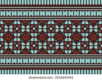Embroidery stitch geometric pattern. Ethnic geometric shape seamless pattern colorful pixel art style. Ethnic stitch pattern use for carpet, rug, cushion, quilt, wallpaper, upholstery, etc.