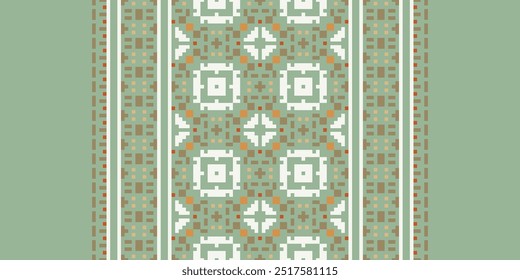 Embroidery stitch geometric pattern. Ethnic geometric shape seamless pattern colorful pixel art style. Ethnic stitch pattern use for carpet, rug, cushion, quilt, wallpaper, upholstery, etc.