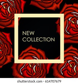 Embroidery stitch with red rose-flower. Vector fashion ornament on black background for fabric traditional folk floral decoration. New collection flayer.