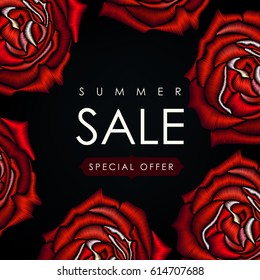Embroidery stitch with red rose-flower. Vector fashion ornament on black background for fabric traditional folk floral decoration. Summer sale flayer.
