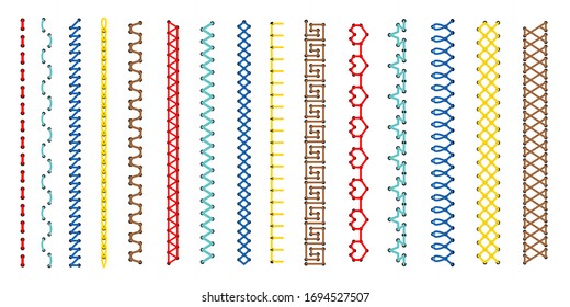 Embroidery stitch set. Cross and line stitches vector patterns, embroydery borders design for folk craft sewing and fabric threads, embellished seam collection ornaments