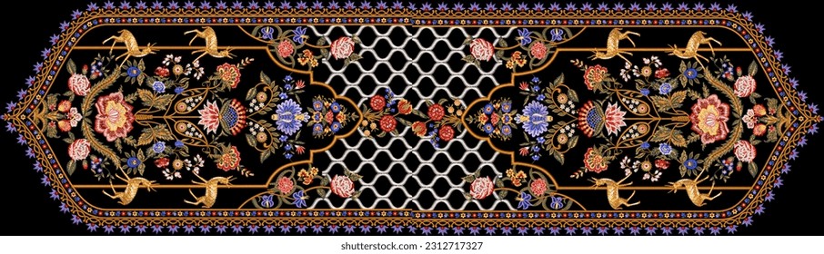 Pisos de bordado hermosas flores de bordado de cuello de lujo motivos ornamentales patrón Diseño digital textil decoración borde alfombras ikat paisley 