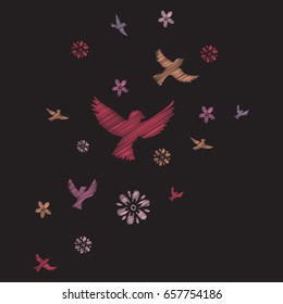 Embroidery stitches bird and flowers in vintage style on a black background. Element for design vector illustration eps 10.