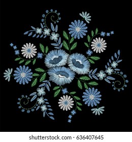 Embroidery stitches with blue wildflowers, indigo spring flowers, grass. Vector fashion embroidered ornament on black background for fabric traditional folk floral decoration