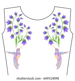Embroidery stitches with Bluebells, hummingbird for neckline. Vector fashion ornament  for textile, fabric traditional folk decoration.