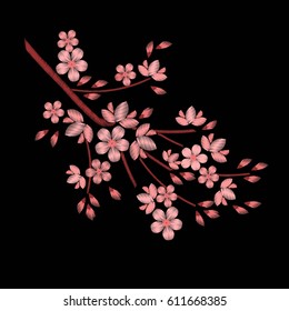 Embroidery stitches with cherry blossoms, spring flowers branches in pastel color. Fashion vector ornament on black background for textile traditional folk floral decoration for clothing. Sakura.