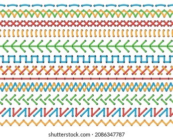 Embroidery stitches. Color decorative seams, seamless borders, ethnical sewing rows, lines pattern, needlework and ornaments, textile and fabric decoration vector