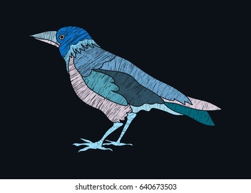 Embroidery stitches with crow raven bird. Stylized bird for tattoo, t-shirt, poster, invitation card, textile or paper print. Isolated design element, ethnic totem. Vector illustration