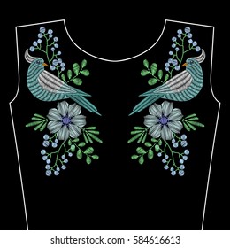 Embroidery stitches with dove bird, blue wild flowers for neckline. Vector fashion ornament on black background for textile, fabric traditional folk decoration.