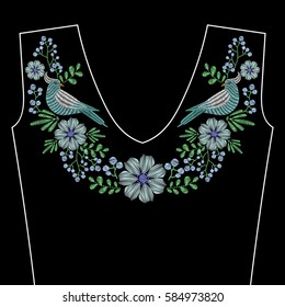 Embroidery stitches with dove bird, indigo wild flowers for neckline. Vector fashion ornament on black background for fabric traditional folk decoration