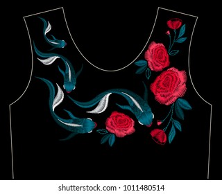 Embroidery stitches with ethnic koi fish and flowers for neckline. Fashion embroidered ornament for textile, fabric traditional folk decoration. Vector illustration.