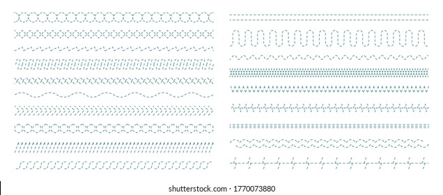 Embroidery stitches. Fabric sewing stripped shapes textile geometrical dividers sew brushes vector seamless set