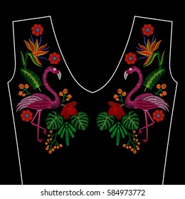 Embroidery stitches with flamingo bird, tropic wild flowers for neckline. Vector fashion ornament on black background for fabric traditional folk decoration