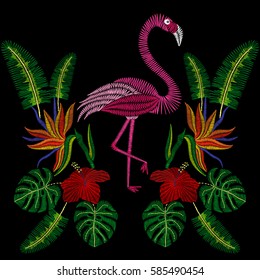 Embroidery stitches with flamingo bird, tropic hibiscus flowers. Vector fashion embroidered  ornament on black background for textile, fabric traditional folk decoration.