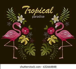 Embroidery stitches with flamingo birds and tropic flowers for neckline. Vector design for collar t-shirts and blouses.  