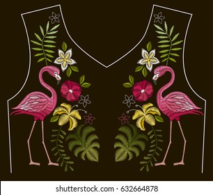 Embroidery stitches with flamingo birds and tropic flowers for neckline. Vector design for collar t-shirts and blouses. 