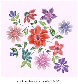 Embroidery stitches with flowers and leaves. Vector fashion ornament on white background for traditional floral decoration.