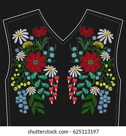 Embroidery stitches with forget me not, anemone, chamomile, Broken Heart flower fashion patch for neckline. Vector embroidered ornament on black background, ethnic pattern.