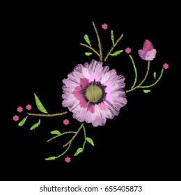 Embroidery stitches with gerbera and leaves. Vector fashion ornament on black background for fabric. 