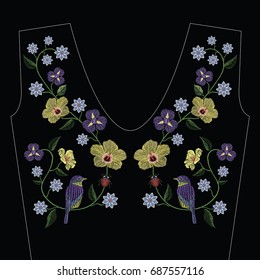 Embroidery stitches with hibiscus, iris flower, bird and ladybird. Vector fashion ornament on black background for traditional floral decoration. Pattern for textile and fabrics.