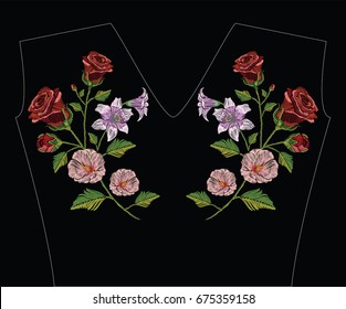 Embroidery stitches with hibiscus, rose and lily in pastel colors. Vector fashion ornament illustration on black background for floral decoration. Pattern for textile.